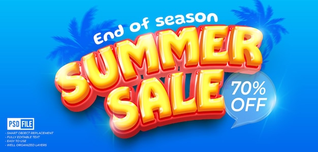 PSD end of summer sales background with editable 3d text glossy