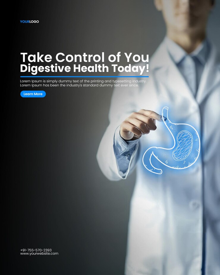 PSD endoscopy stool analysis poster template with doctor in white coat touching a virtual screen with a stomach icon