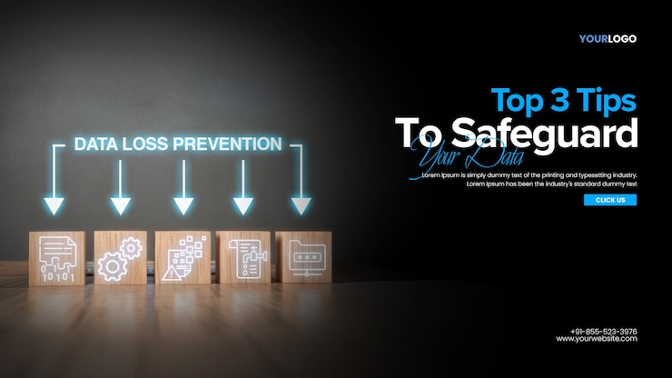 PSD endpoint protection data privacy banner template with wooden blocks with security icons and data loss prevention text on a table
