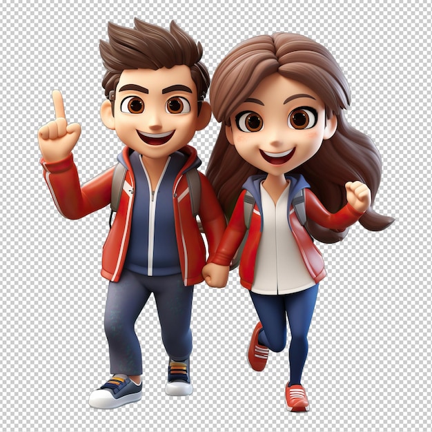 PSD energetic asian couple 3d cartoon style transparent background