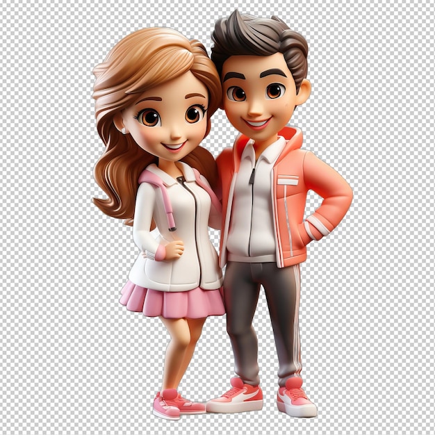 Energetic asian couple 3d cartoon style transparent background