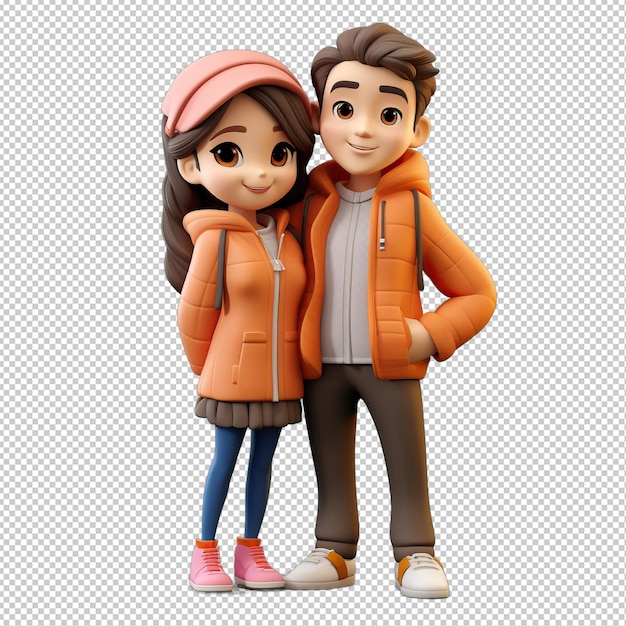 PSD energetic asian couple 3d cartoon style transparent background