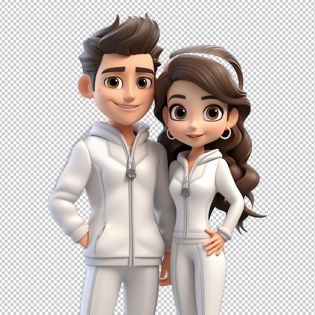 PSD energetic asian couple 3d cartoon style transparent background