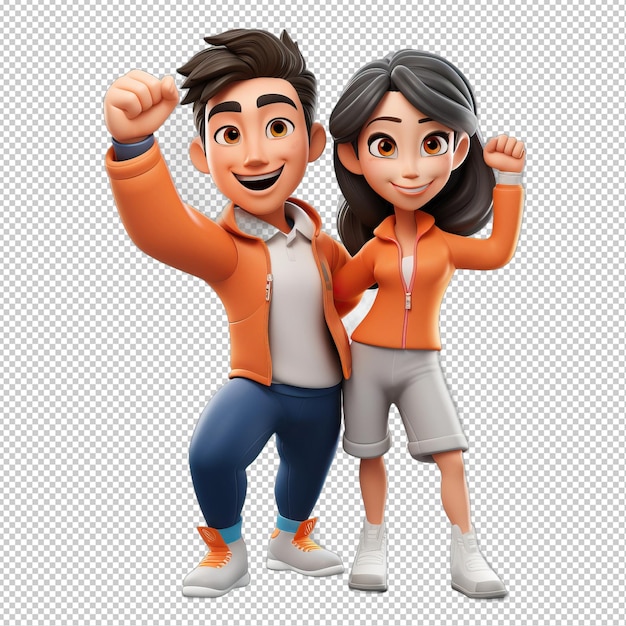 PSD coppia asiatica energica in 3d con sfondo trasparente in stile cartone animato