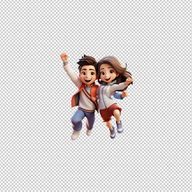 PSD energetic asian couple 3d cartoon style transparent background