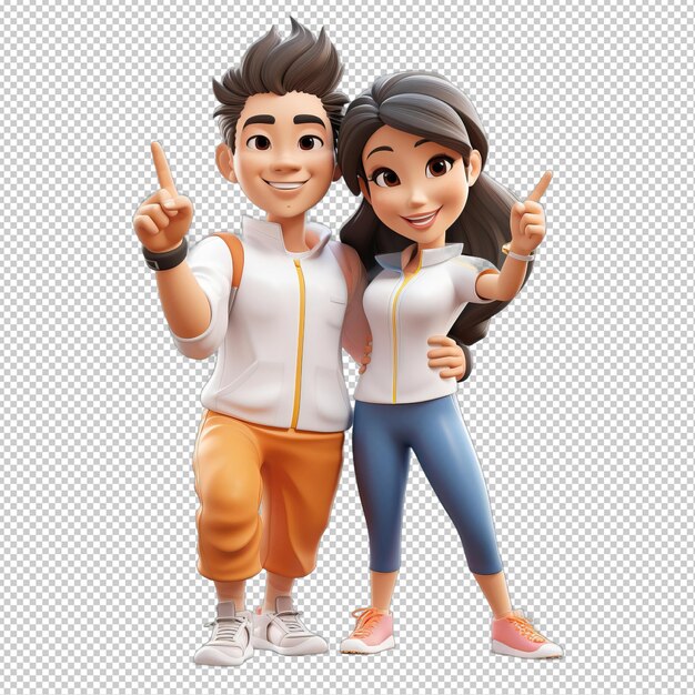 PSD energetic asian couple 3d cartoon style transparent background