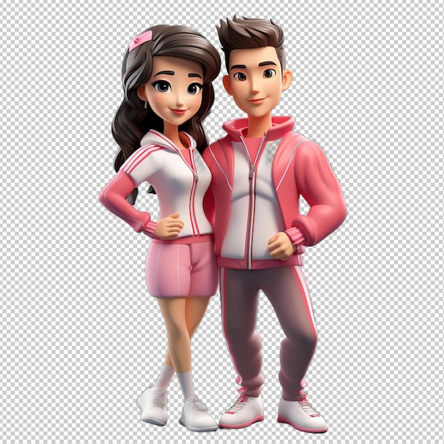 PSD energetic asian couple 3d cartoon style transparent background