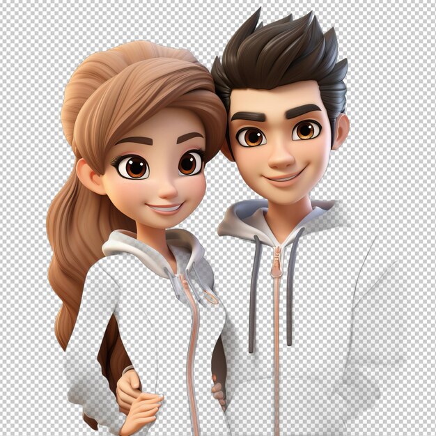 PSD energetic asian couple 3d cartoon style transparent background