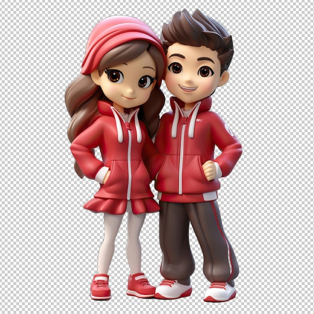 PSD energetic asian couple 3d cartoon style transparent background