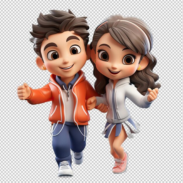 PSD energetic asian couple 3d cartoon style transparent background