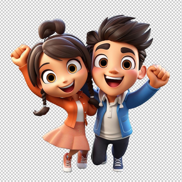 Energetic asian couple 3d cartoon style transparent background