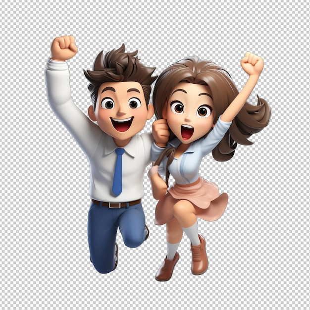 PSD energetic asian couple 3d cartoon style transparent background