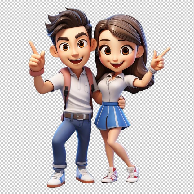 PSD energetic asian couple 3d cartoon style transparent background