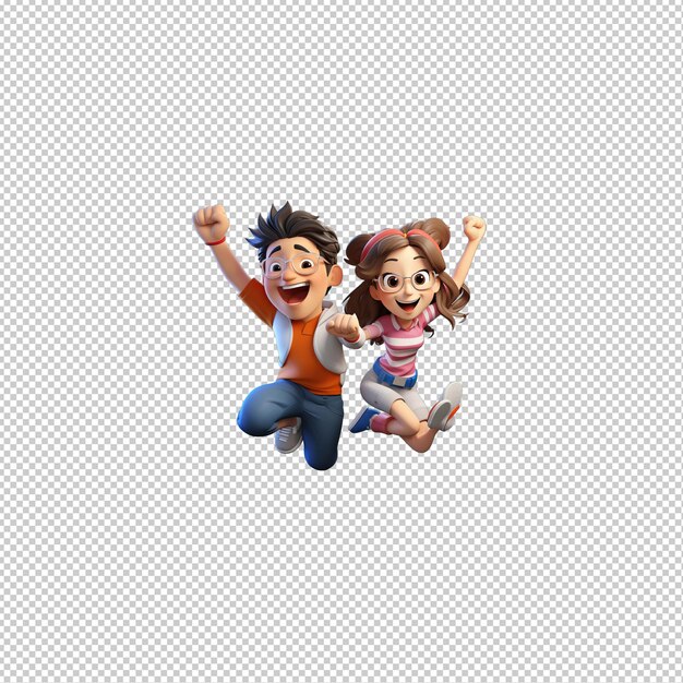 PSD energetic asian couple 3d cartoon style transparent background