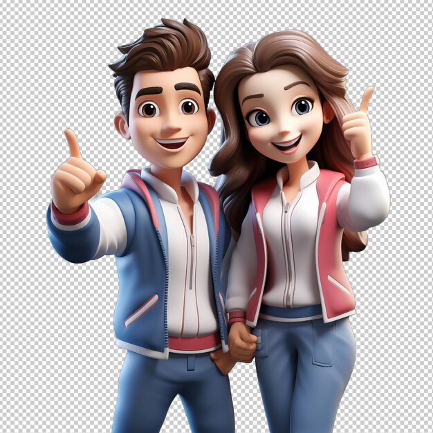 PSD energetic asian couple 3d cartoon style transparent background