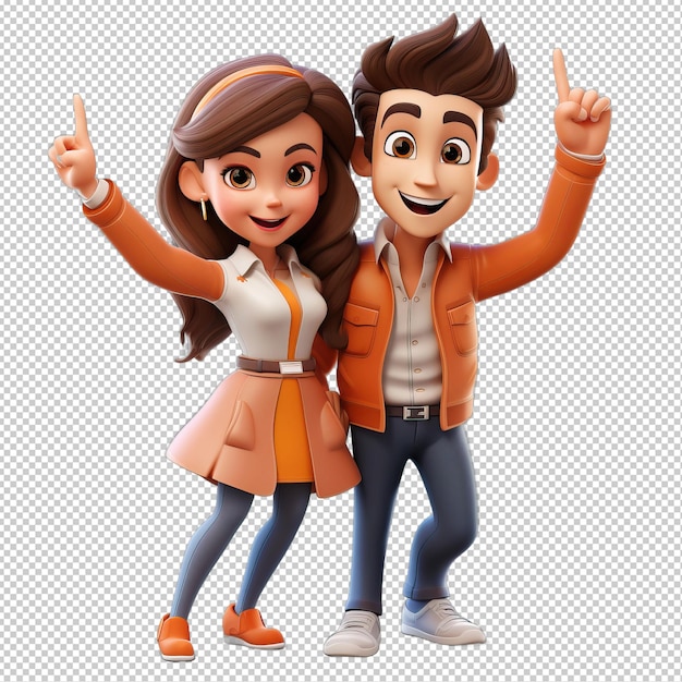 PSD energetic asian couple 3d cartoon style transparent background