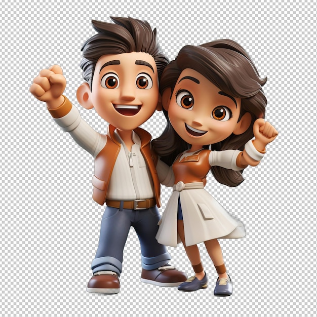 Energetic asian couple 3d cartoon style transparent background