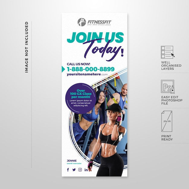 PSD banner verticale energico per sport e fitness 2 piedi x 5 piedi