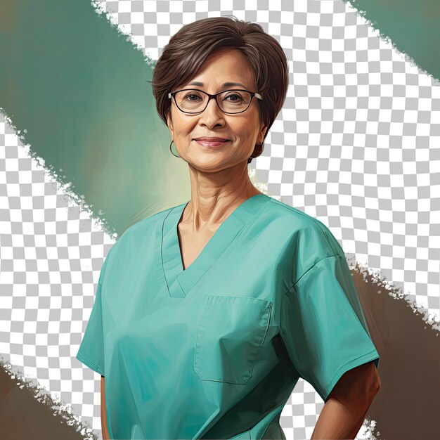 PSD energetic west asian senior woman obstetrician gynecologist in stylish pose pastel teal background