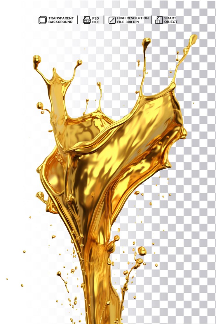 PSD energetyczny złoty metaliczny błyszczący płyn na przezroczystym tle w psd