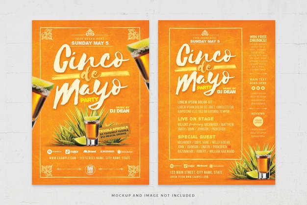 Energieke gele Cinco de Mayo Party Flyer-sjabloon in PSD voor Mexicaans restaurant en bar