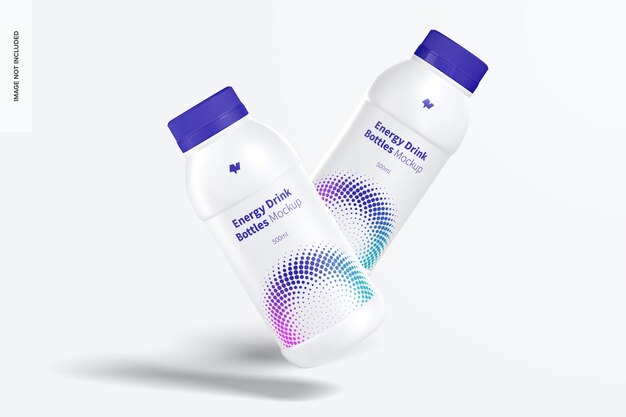 Energy drink plastic bottles mockup, floating