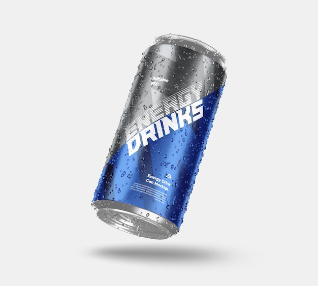 PSD energy drink soda can with droplets mockup psd