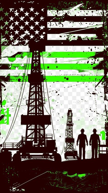 PSD energy sector scene with an oil rig and workers industrial s poster banner postcard tshirt tattoo