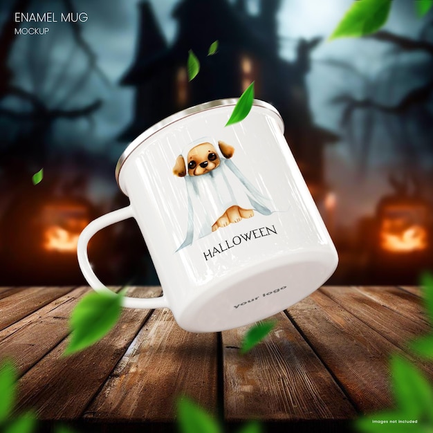 PSD eng emaille koffiemok mockup van een witte kop op halloween achtergrond