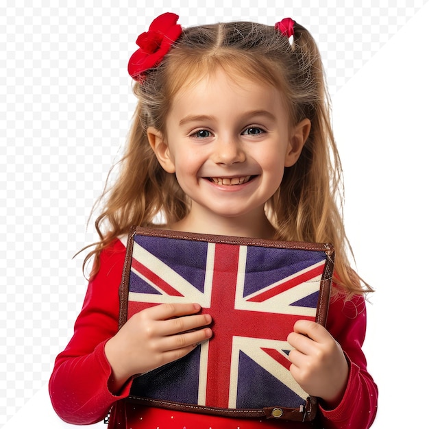 PSD engels voor kinderen een klein meisje glimlacht en houdt een engels taalboek met een afbeelding van de britse vlag in haar handen