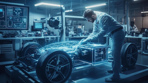 Engineer examining futuristic car chassis overlaid with holographic design