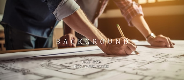 PSD engineer and foreman pointing at construction building drawings on table