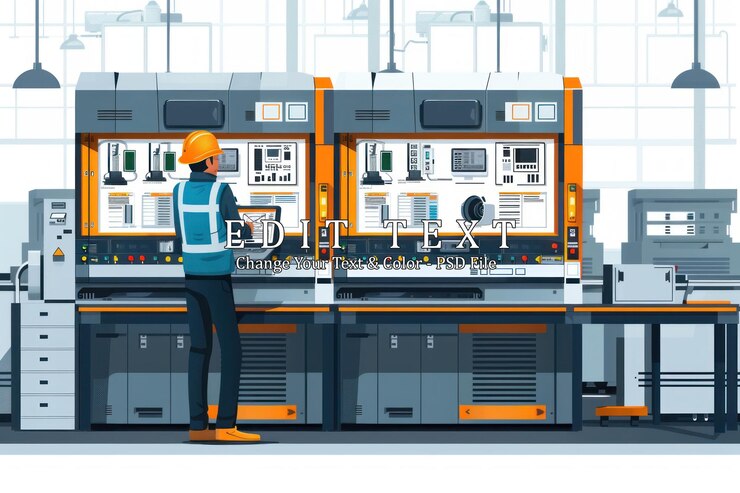 PSD an engineer in a hardhat and safety vest stands in front of a control panel of a manufacturing line