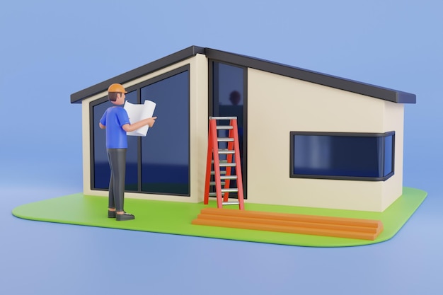 PSD engineer holding building plan 3d illustration