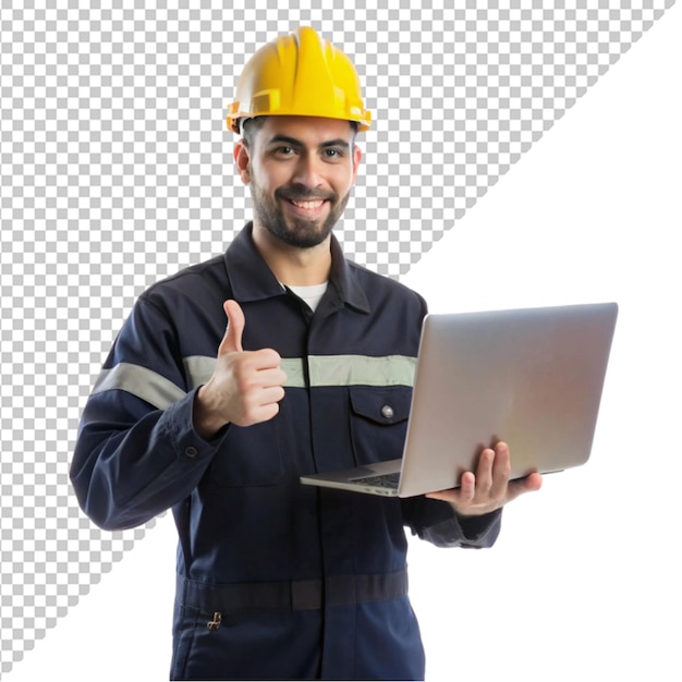 Engineer in uniform holding a laptop on a transparent background