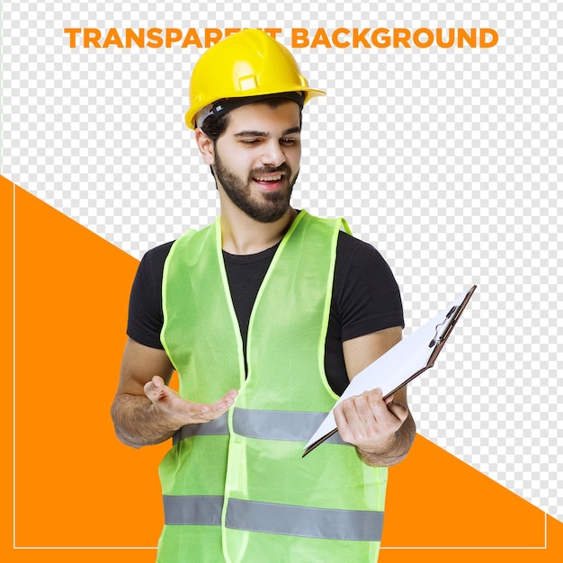 engineer man pointing at his clipboard with transparent background