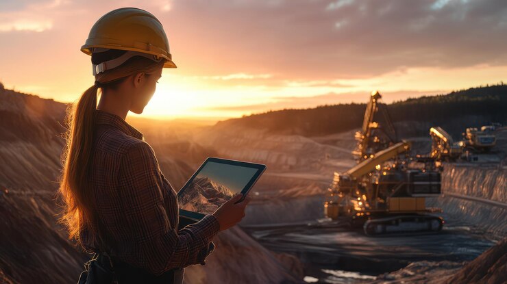 PSD engineer in a mine with sunset