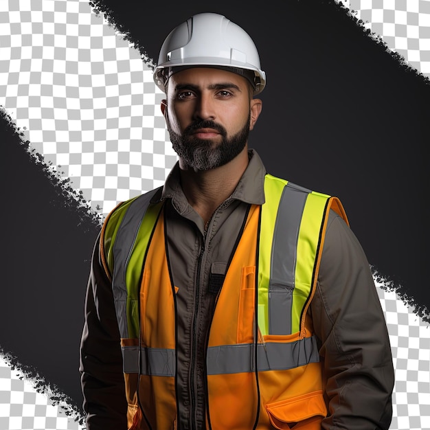 Engineer in reflective vest at construction site against transparent background