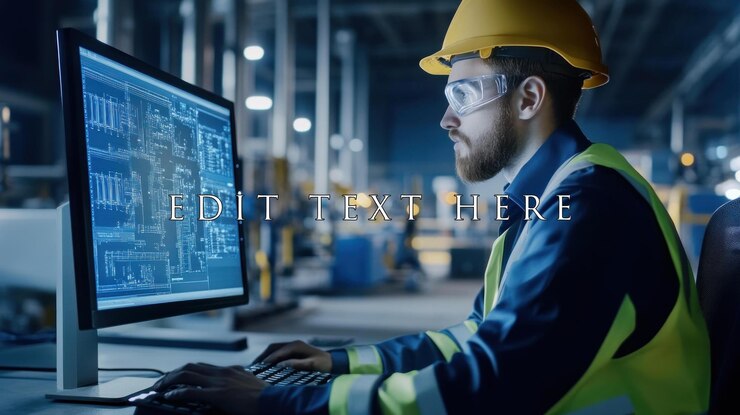 PSD engineer reviewing blueprints on computer in factory
