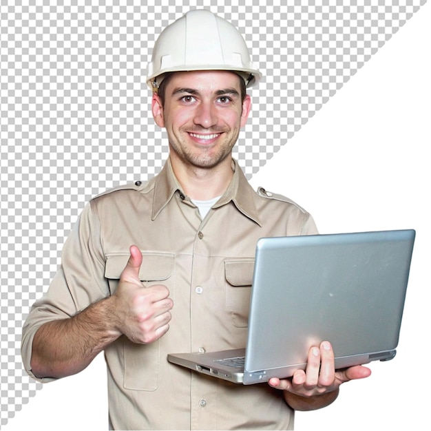 Engineer in uniform holding a laptop on a transparent background