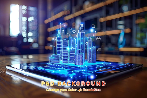 PSD engineer with hologram construction map building skyline