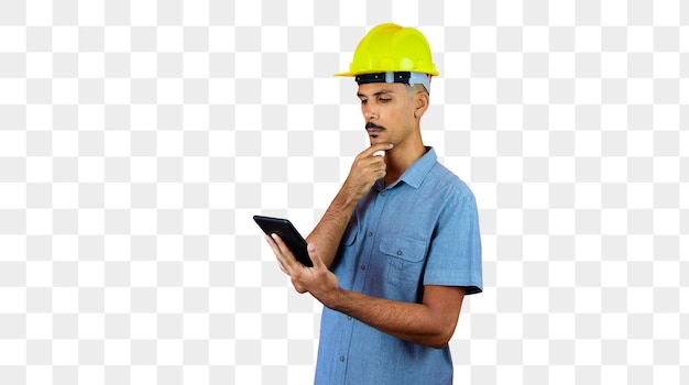 Engineers day Black Man in Safety Helmet and Blue Shirt isolated Engineer Holding Mobile