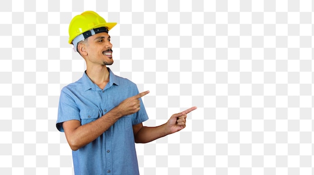 Engineers day Black Man in Safety Helmet and Blue Shirt isolated on orange