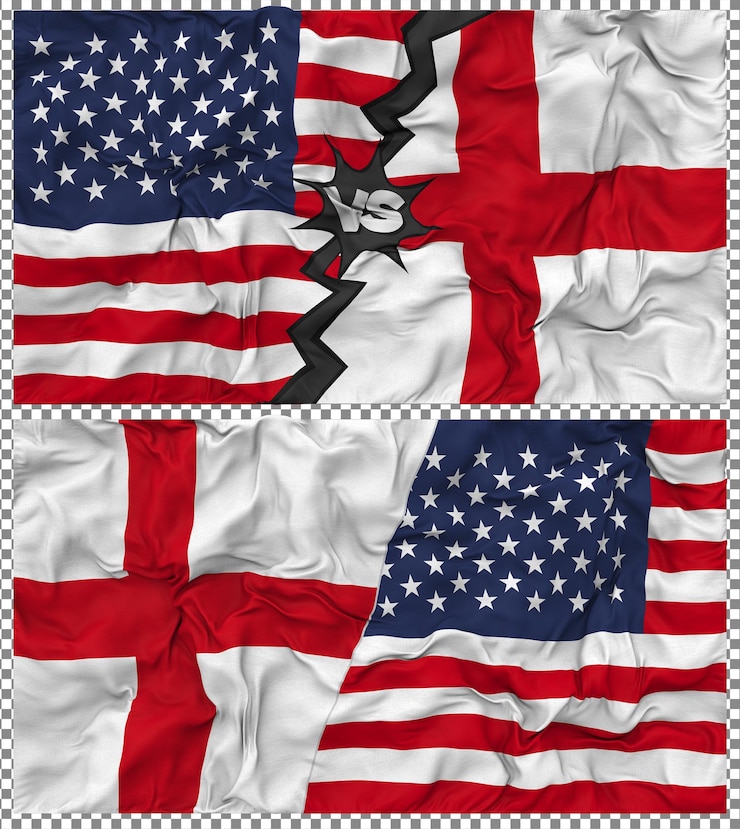 PSD england vs united states half combined flag cloth bump texture bilateral relation 3d rendering