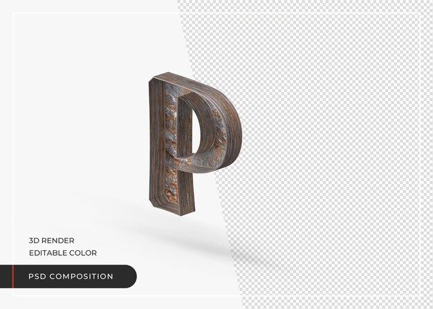 Буква p английского алфавита изолирована из коры дерева в 3d-рендеринге