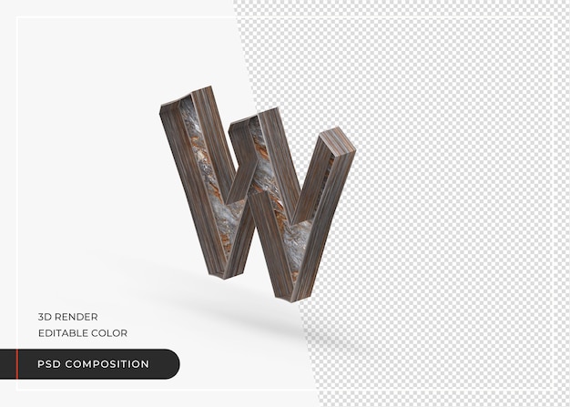 english alphabet letter w isolated made of tree bark in 3d rendering