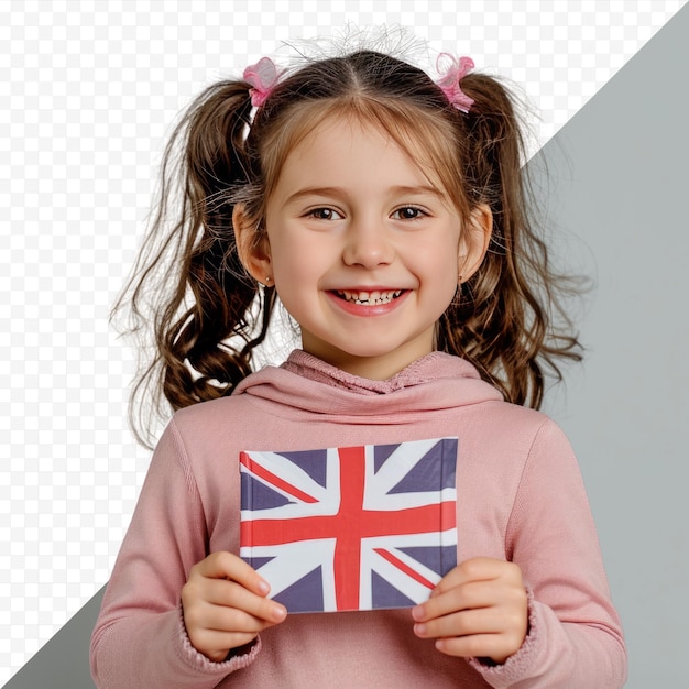 English for children a little girl smiles and holds an english language book with a picture of the british flag in her hands