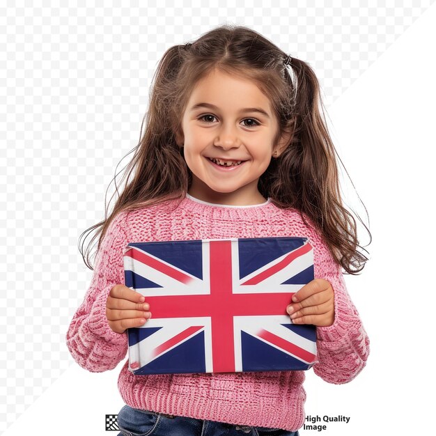 English for children a little girl smiles and holds an english language book with a picture of the british flag in her hands