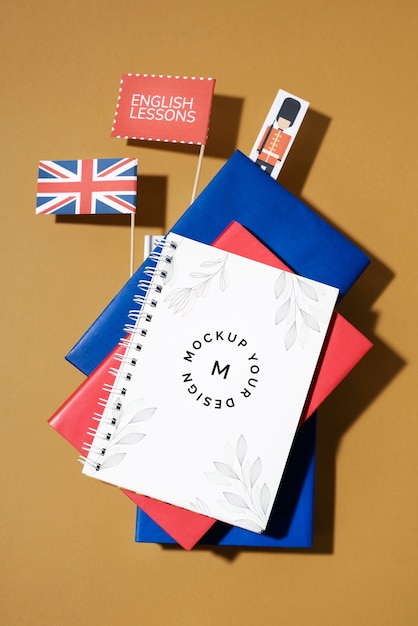 English learning book mock-up with stationery