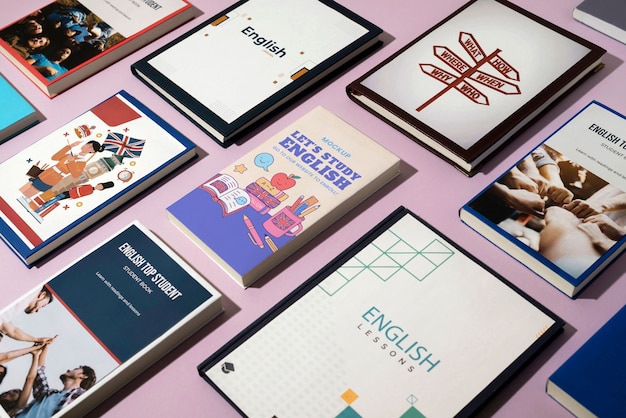 PSD mock-up del libro di apprendimento dell'inglese con cancelleria